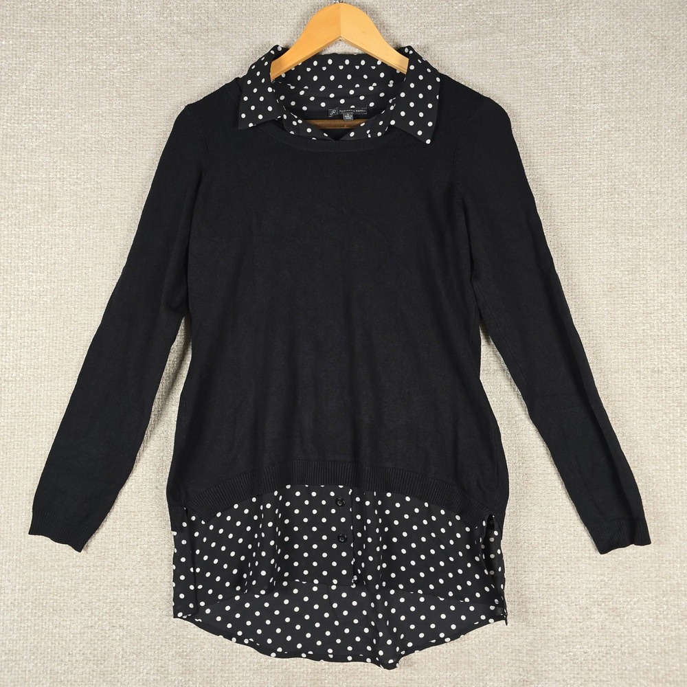 Adrianna Papell Womens Black Polka Dot Layered Look Sweater Top Small CN0028